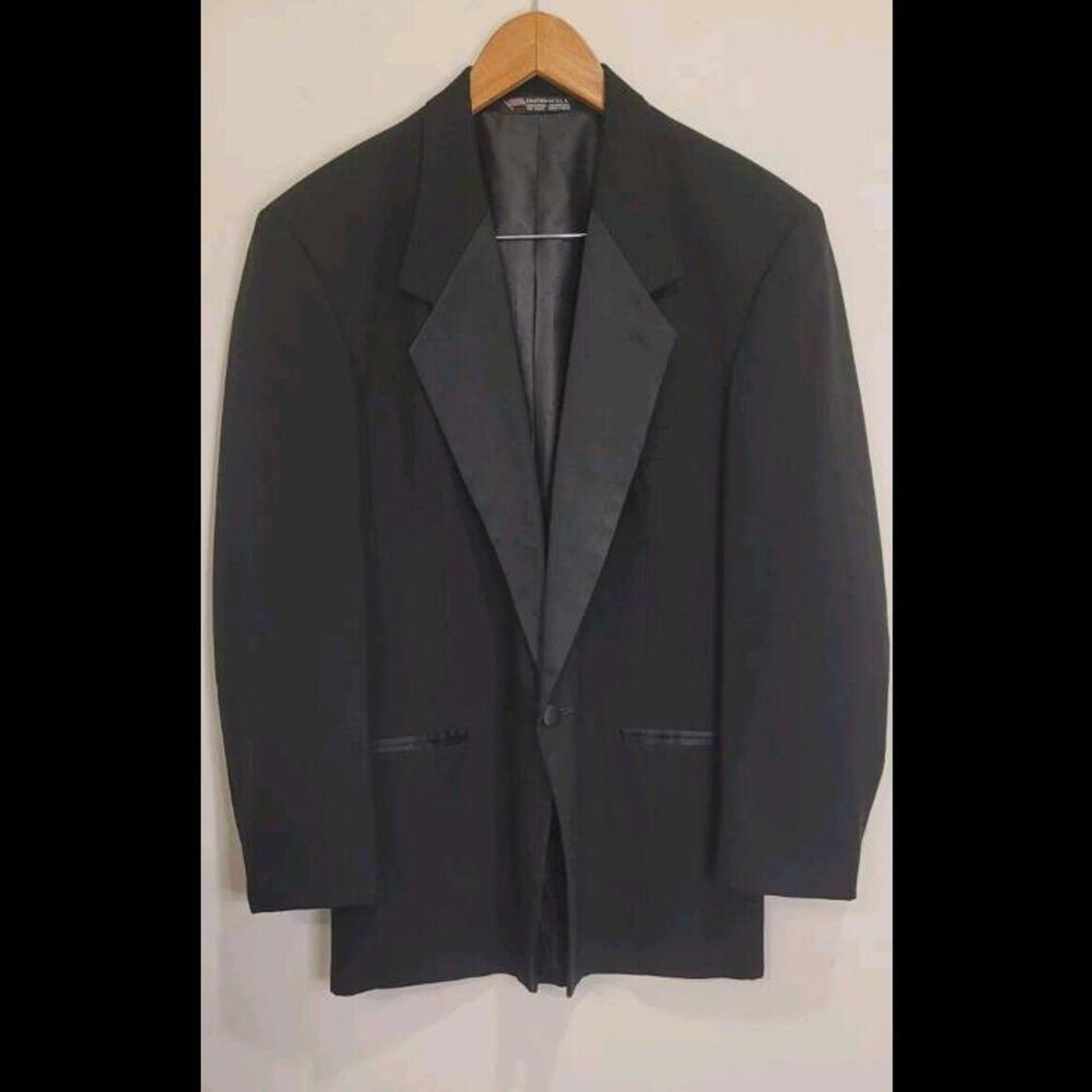 Black Tuxedo Jacket Size 42R Men's 1 Button Satin‎ Lapel VTG Wedding Formal